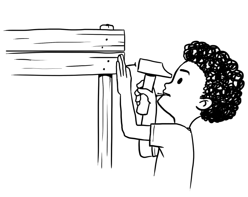Line illustration of the boy hammering together the wooden lemonade stand.