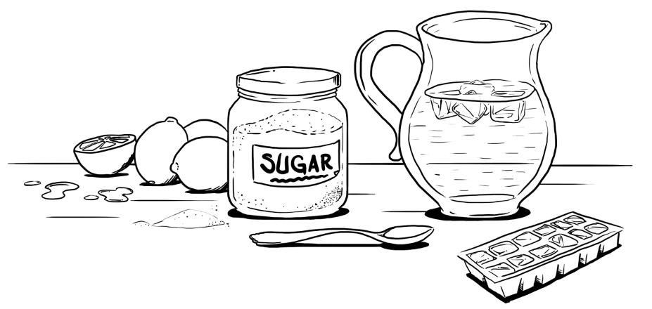 Line illustration of lemons, a sugar jar, a spoon, ice cubes, and a full pitcher of lemonade lined up on the counter.