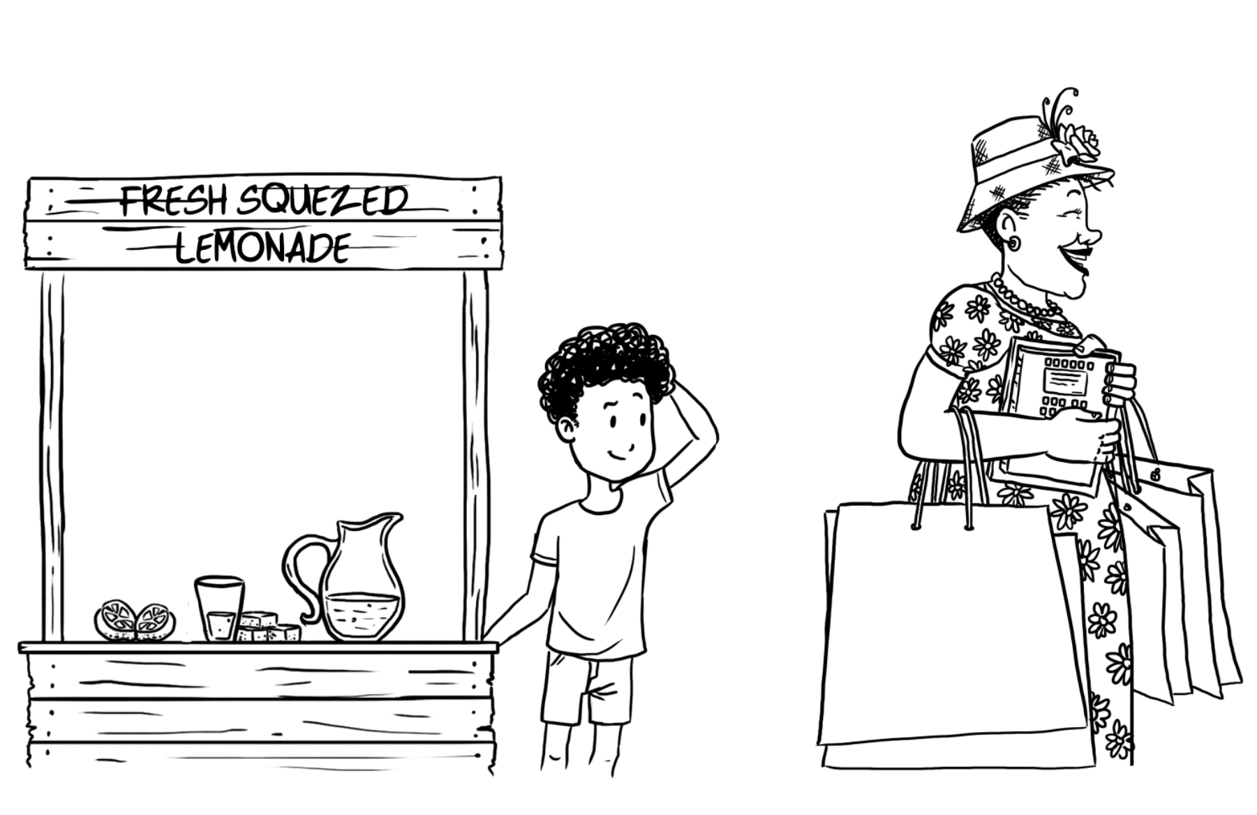 Line illustration of the boy watching an older woman walk away carrying shopping bags after visiting the stand.