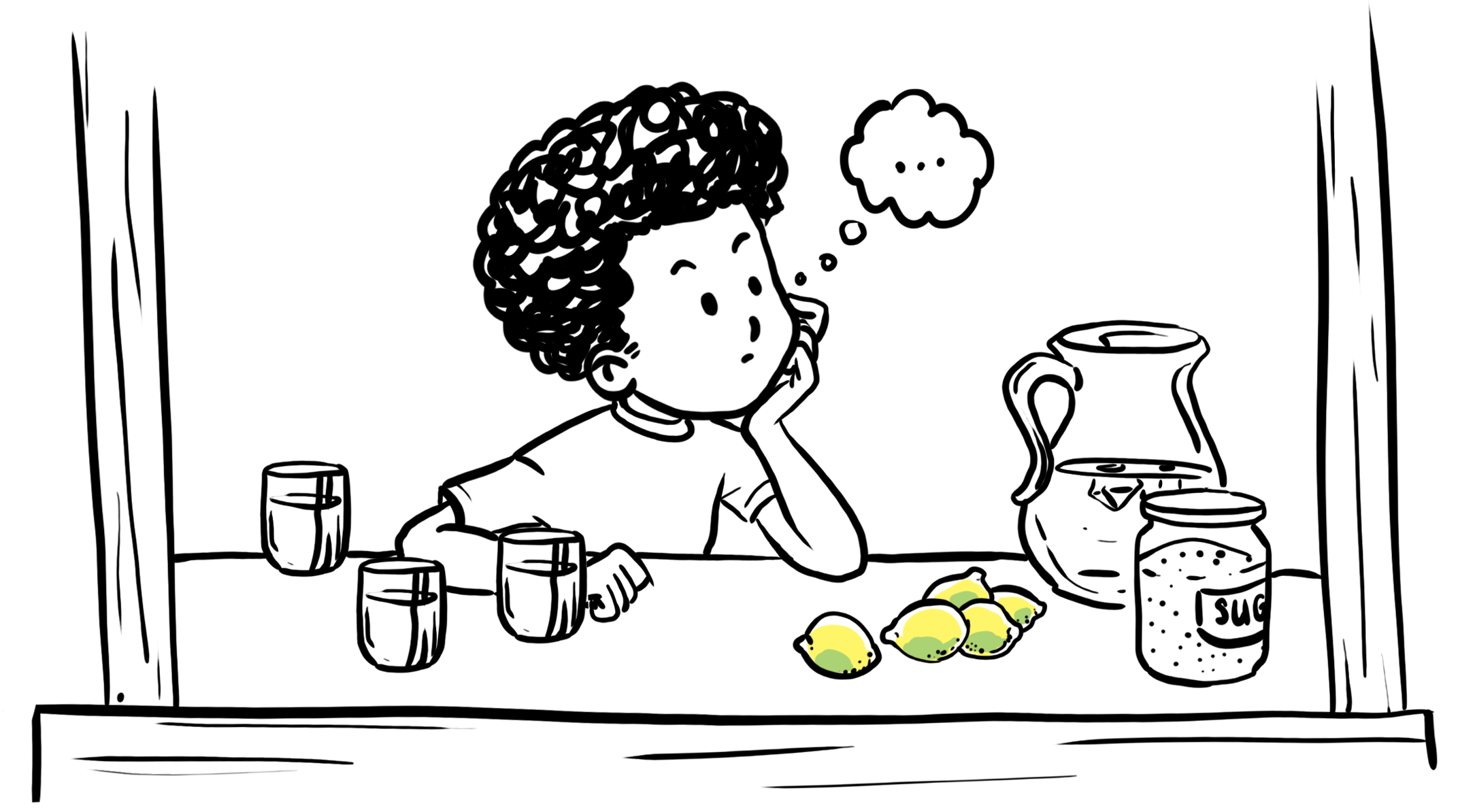 Line illustration of the boy resting his chin on his hand at the empty stand, deep in thought.